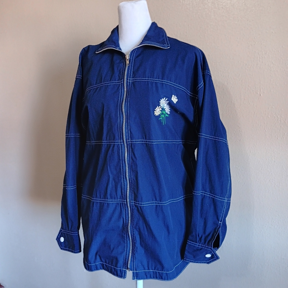 Vintage Y2K 90s Koret Dark Blue Embroidered Daisy Flower Jacket Womens Small Zip
